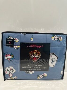 NWT Ed Hardy Double Brushed 6 Piece Queen Size Sheet Set includes 4 Pillow Cases
